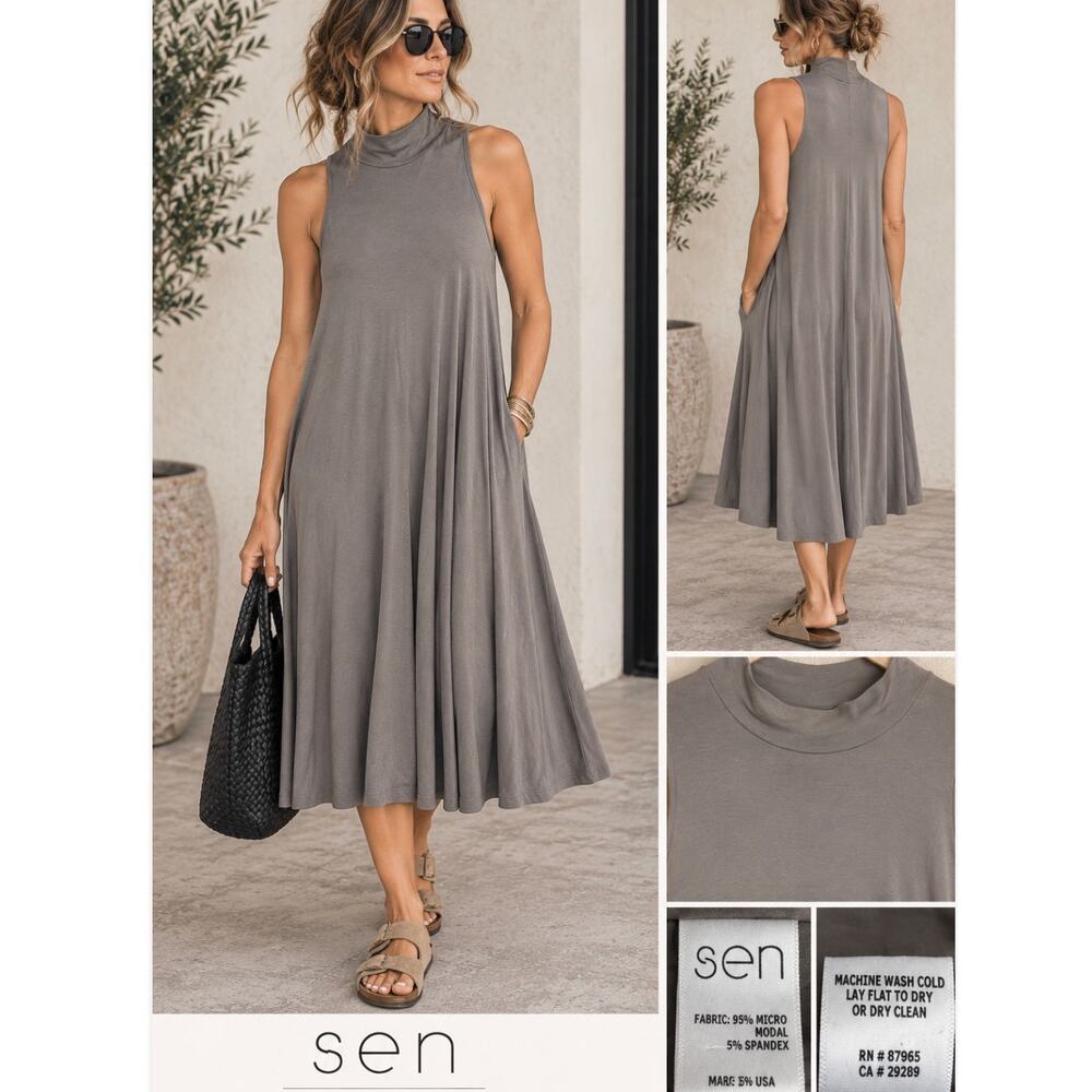 SEN Micro Modal Midi Dress Gray Taupe Mock Neck Swing A Line Lagenlook USA SZ 2